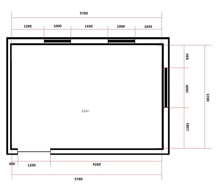 Arkitektonisk ritning av ett framtida vardagsrum med måttangivelser och markerade fönster och dörrar.