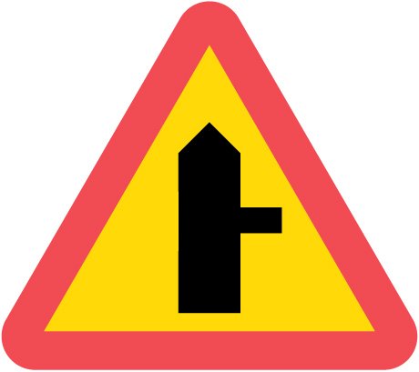 Svenskt vägmärke för "Väjningsplikt", orange triangel med svart T-korsningssymbol.