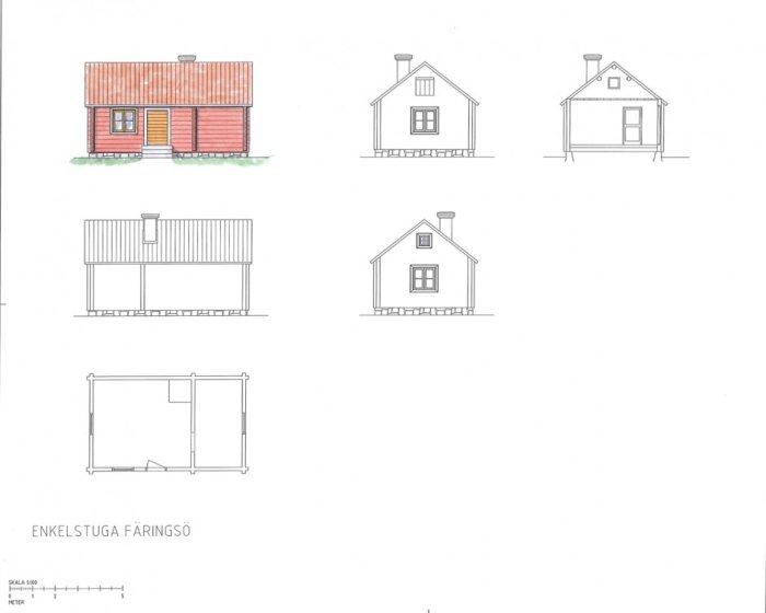 Ritningar och skisser av ett traditionellt rött timmerhus med vita knutar från olika vinklar.