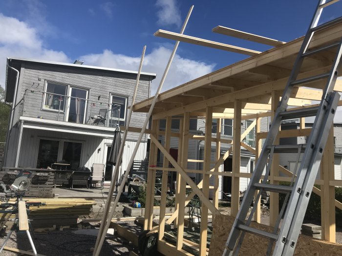 Byggplats med torra brädor, stegar och en halvklar träkonstruktion framför ett hus.