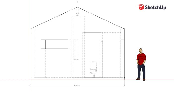 Ritning av sadeltakshusets snitt med måttangivelser och en figur som representerar människans skala.