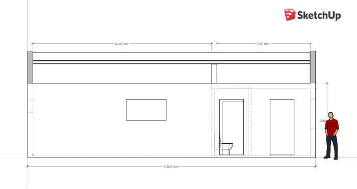 Ritning i SketchUp av komplementhus med måttangivelser och en figur som representerar människostorlek.