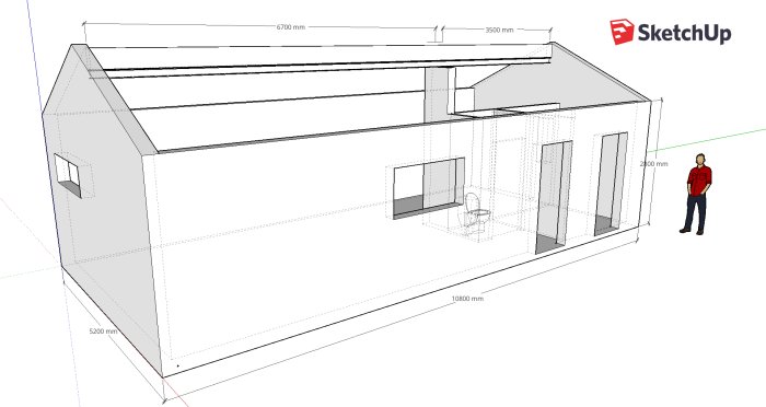 3D-ritning i SketchUp på ett komplementhus med måttangivelser och en illustrativ person för skala.