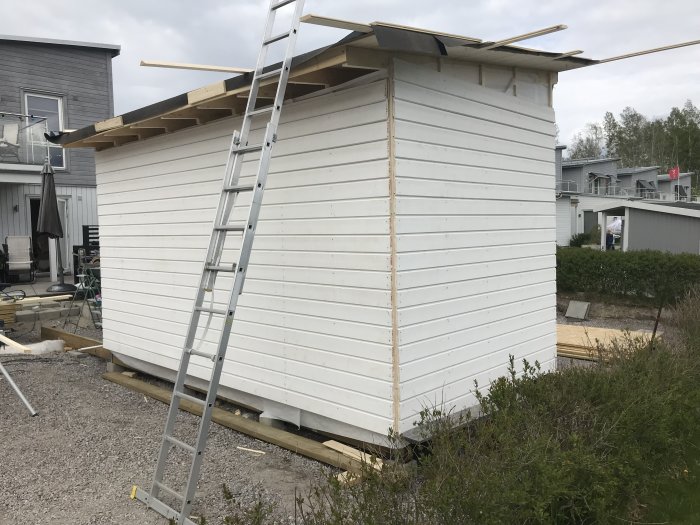 Delvis påklädd husvägg med vit panel och stege lutad mot väggen.