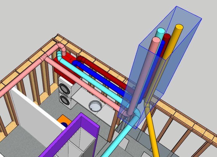 3D-modell av en tvättstuga med färgkodade ventilationsrör: blå för tilluft, röd avluft, rosa frånluft, ljusblå tilluft, gul imkanal.