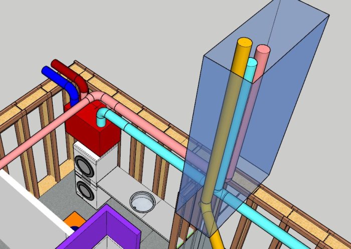 3D-modell av FTX-system i tvättstuga med färgkodade ventilationsrör och aggregat.