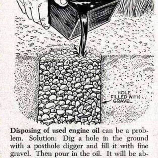 Illustration av en hand som häller använd motorolja i ett grusfyllt hål i marken.