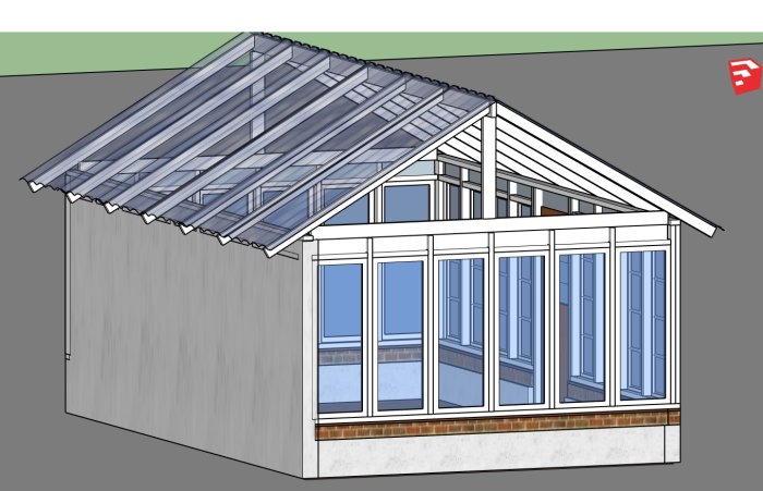 Illustration av ett växthus med gamla fönster, tegelsockel och transparent tak.