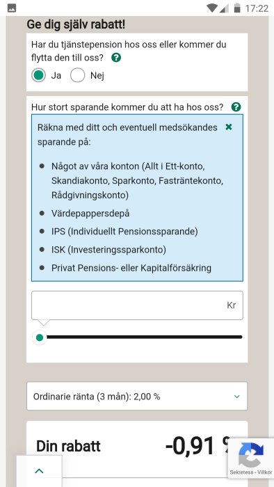 Skärmdump av formulär för tjänstepension med vald "Ja"-knapp och reglage för sparande.