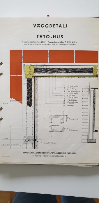 Gammal teknisk ritning av en väggkonstruktion med isoleringslager och materialdetaljer.