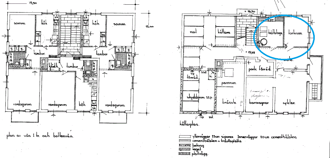 Svartvit ritning av ett hyreshus, inringat område visar väggar planerade att tas ner.