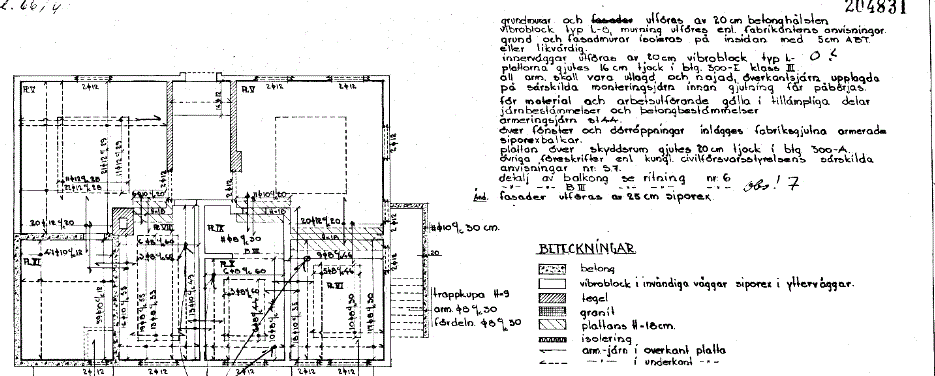 Arkitektritning från 1950 för ett mindre hyreshus, med inringade väggar för planerad borttagning.