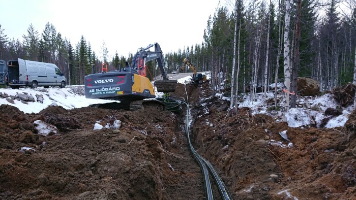 Grävmaskiner arbetar på byggprojekt i skogsmiljö, jordhögar och något snö, med gråvattenledningar.