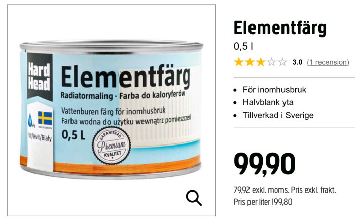 Burk med elementfärg märkt Hard Head för inomhusbruk, halvblank, tillverkad i Sverige, 0,5L.