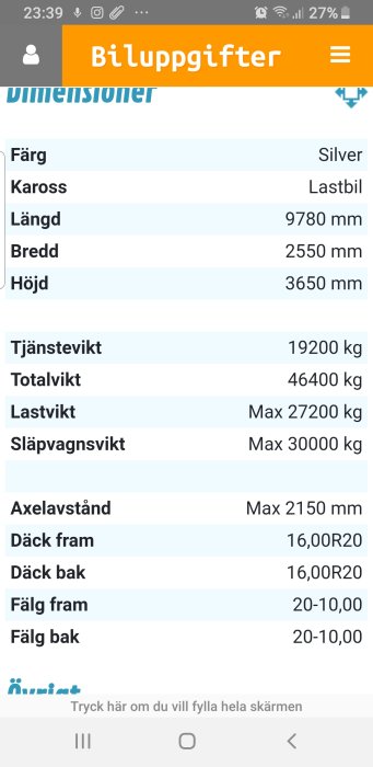 Skärmavbild av en mobiltelefon som visar tekniska specifikationer för en lastbil, inklusive dimensioner och viktkapacitet.