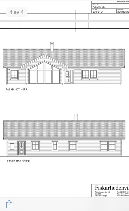 Arkitektritningar av norra och södra fasaden på en omritad Domherre-villa.