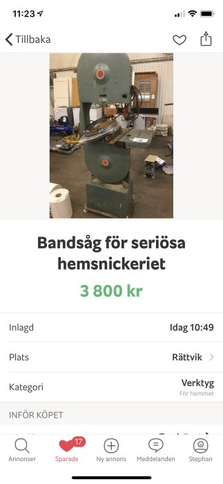 Stor bandsåg för snickeri i verkstadslokaler med ett pris på 3 800 kr angivet i annonsen.