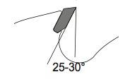 Schematisk illustration av en klyvklingas spånvinkel på 25-30 grader.
