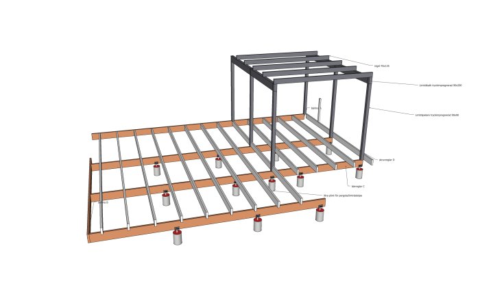 3D-skiss av en pergola med limträbalkar, stolpar och reglar märkta och positioner för plintar angivna.