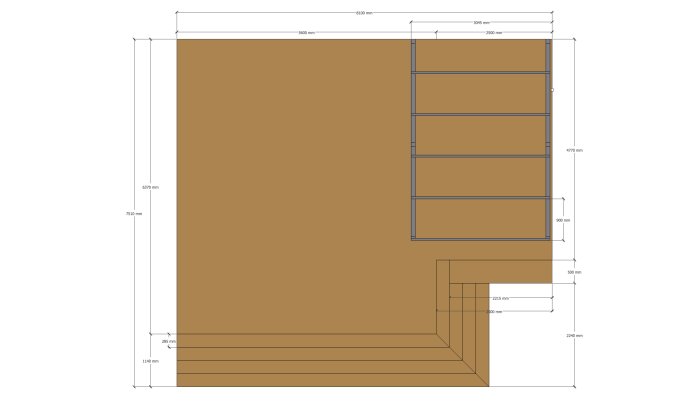 Skiss av pergola med måttangivelser, visar positionering och dimensioner av balkar och stolpar.