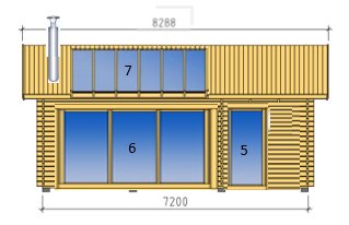 Ritning av ett attefallshus med mått, glasparti i taket och fönster, samt skissen av en skorsten till höger.