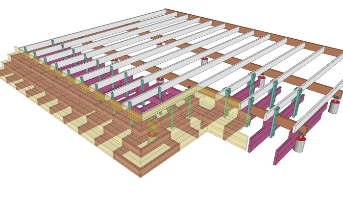 3D-ritning av trapp och altan i virke med bärverk, balkar och konstruktionsdetaljer i olika färger.