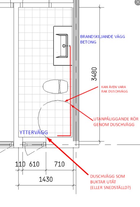 Ritning av ett badrums hörn med måttangivelser, där en yttervägg och en avskiljande vägg visas med föreslagna rördragningar.