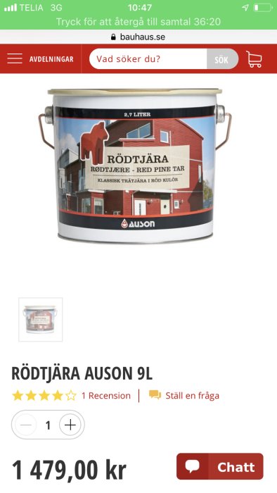 Hink med Rödtjära Auson 9 liter, för träbehandling, visad på webbsida med pris och recensioner.