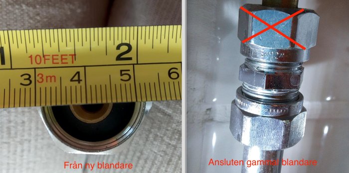 Måttband visar dimension på ny blandare; korsad anslutning på gammal blandare märkt "vatette //12//".