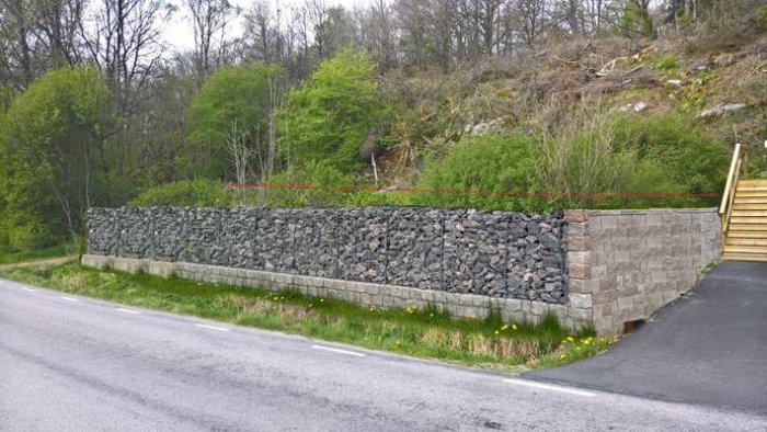 Gabionmur längs vägkanten med fyllda stenkorgar och en stödmur på sidan.