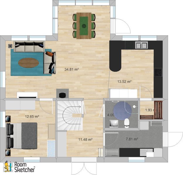 Planritning av första våningen i ett hus med angivna ytmått för varje rum inklusive kök, vardagsrum och sovrum/kontor.