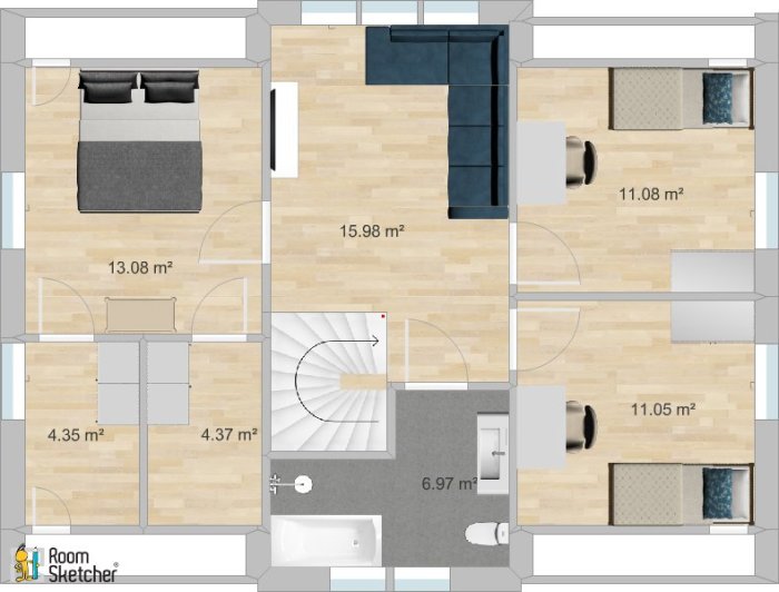 Ritning av första våningsplan för hus med möblering, inklusive sovrum, kontor och garage.