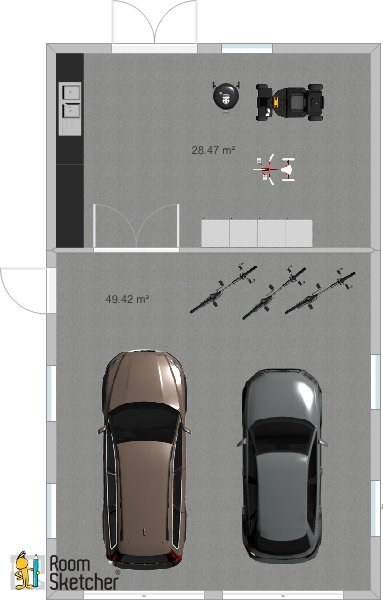 Ritning av ett garage med plats för två bilar, verkstadsyta och förvaring i anslutning.