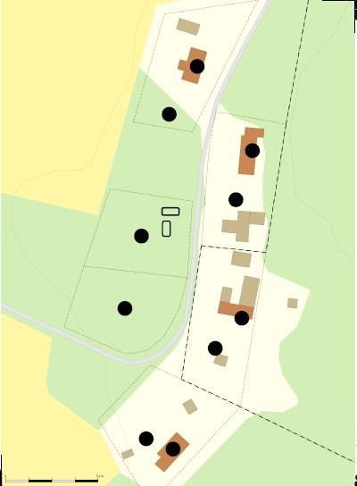 Tomtplan med markeringar för framtida 1.5-plans villa och garage på västkusten.