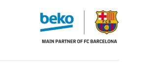 Beko-logotyp bredvid FC Barcelona-emblem med texten "MAIN PARTNER OF FC BARCELONA".