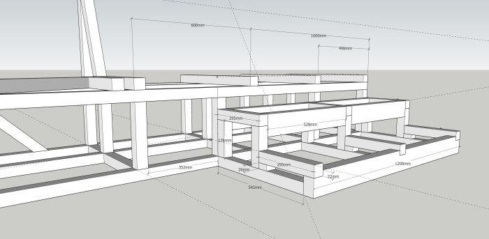 3D-modell av en multifunktionell trappa med förvaring och sittbänk designad i SketchUp.