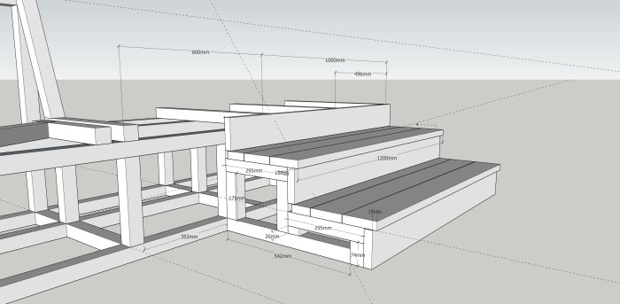 3D-modell av anpassad trappa och sittbänk med förvaring, med detaljerade måttangivelser.