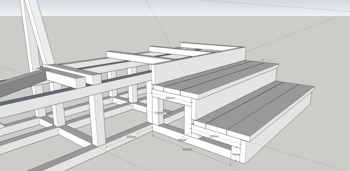 3D-modell av en multifunktionell trapp- och sittbänkskonstruktion med förvaring, visas i SketchUp.