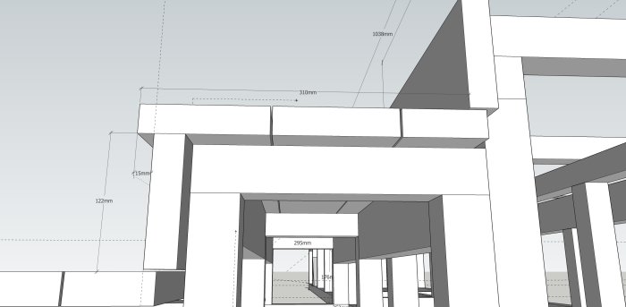 3D-modell av en kombinerad trappa och sittbänk med förvaring, med måttangivelser i SketchUp.