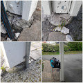 Fyra bilder som visar en vittrande betongplint under en carport, med synliga skador och sprickbildning.