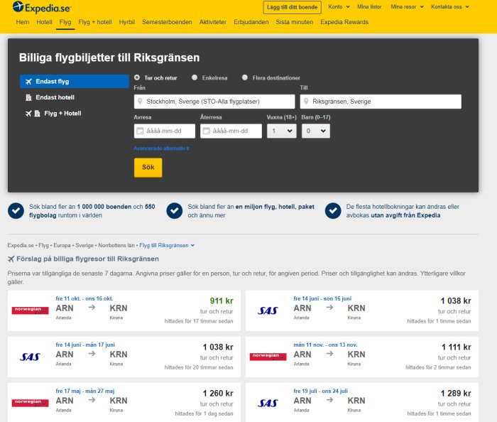 Skärmdump av Expedia.se med sökresultat för flygresor från Stockholm till Kiruna.
