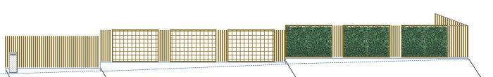 Principskiss av staket med växlande träribbor och armeringsnät överdragna med murgröna.