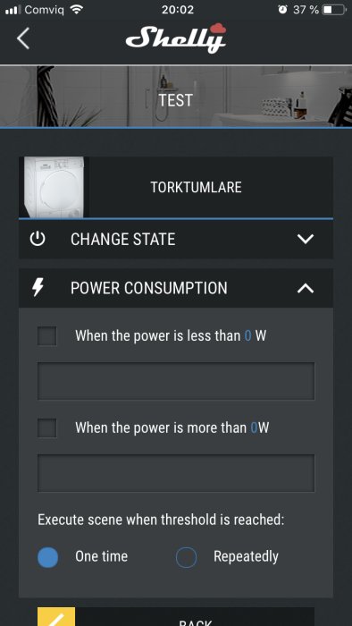 Skärmdump av Shelly-appen med inställningar för att styra en torktumlare baserat på energiförbrukning.