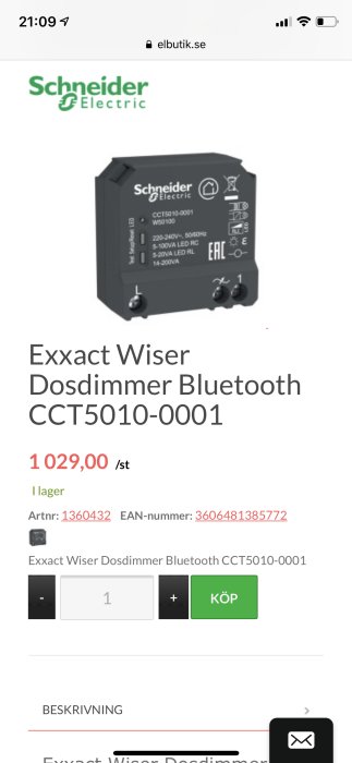 Exxact Wiser Dosdimmer Bluetooth från Schneider Electric på en webbsida, med tekniska specifikationer och pris.