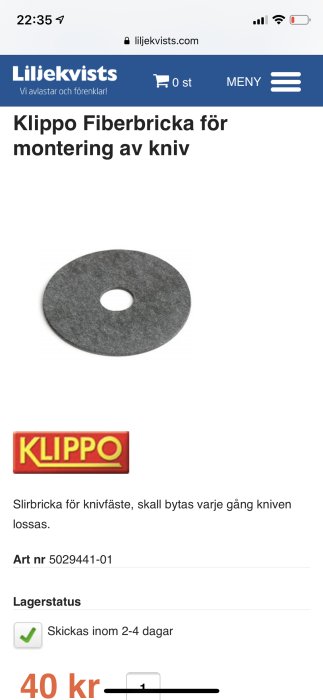 Ny fiberbricka för knivmontering, grå och rund med centralt hål, varumärke Klippo.