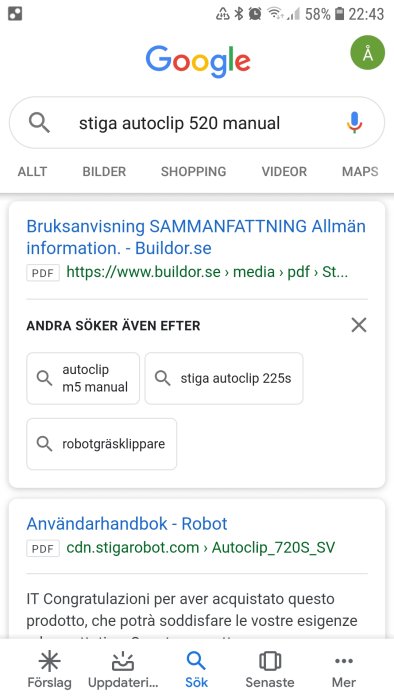 Skärmdump av Google-sökning efter "stiga autoclip 520 manual" med sökresultat och relaterade sökningar.