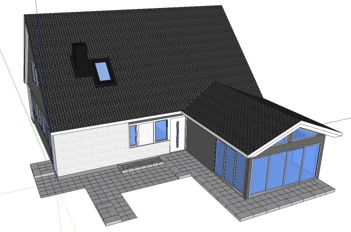 3D-modell av hus med uterum, trädäck och stenläggning, i ett planeringsstadium.