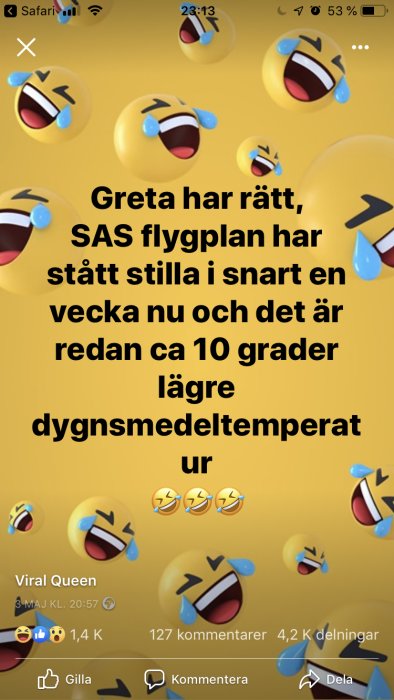 Skärmavbild av sociala medier inlägg med skrattande emojis och text om SAS flygplan och temperaturen.