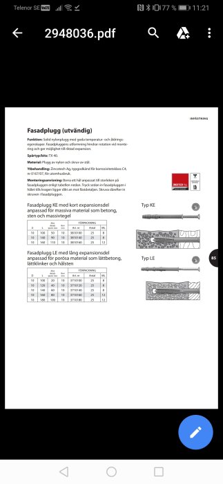 Instruktionsbild för utvändig fasadplugg med monteringsanvisning och olika storlekar för KE och LE typer.