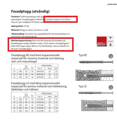 Produktinformation och instruktioner för fasadplugg med funktioner och installationsskisser för korrekt montering i olika material.